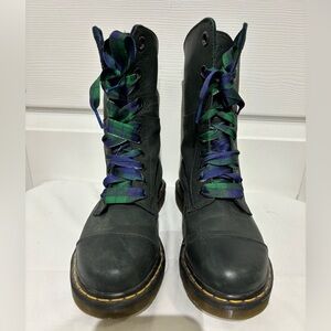 Dr. Martens Combat Boots  Green with Green & Navy Plaid Laces